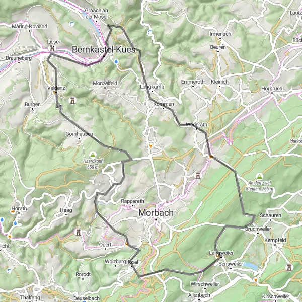 Map miniature of "Short and Scenic Tour: Bernkastel-Kues" cycling inspiration in Trier, Germany. Generated by Tarmacs.app cycling route planner