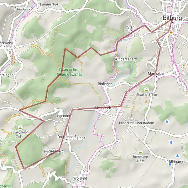 Map miniature of "The Krummenkopf Gravel Route" cycling inspiration in Trier, Germany. Generated by Tarmacs.app cycling route planner