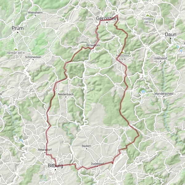 Map miniature of "The Gerolstein Gravel Adventure" cycling inspiration in Trier, Germany. Generated by Tarmacs.app cycling route planner