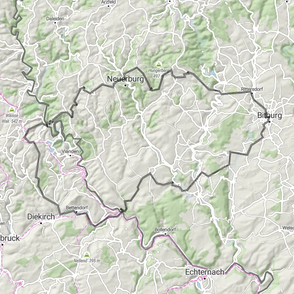 Map miniature of "The Epic Eifel Challenge" cycling inspiration in Trier, Germany. Generated by Tarmacs.app cycling route planner