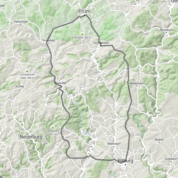 Karten-Miniaturansicht der Radinspiration "Panoramastraßen um Bitburg" in Trier, Germany. Erstellt vom Tarmacs.app-Routenplaner für Radtouren