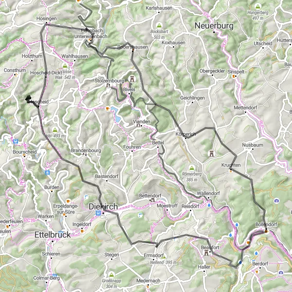 Map miniature of "Ermsdorf and Bollendorf Road Ride" cycling inspiration in Trier, Germany. Generated by Tarmacs.app cycling route planner