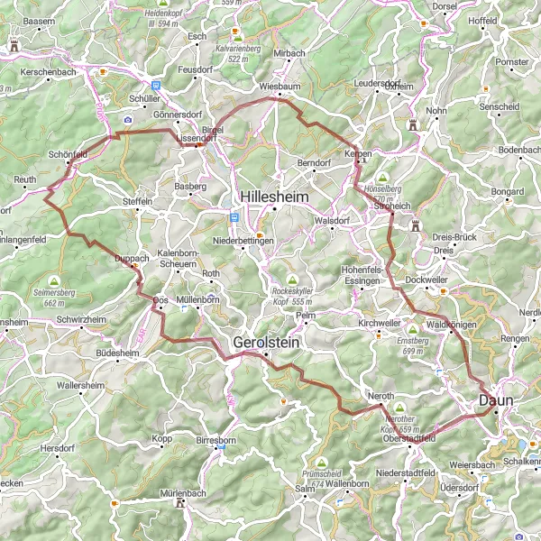 Map miniature of "Gravel Adventure: Discovering Gerolstein and Castle Daun" cycling inspiration in Trier, Germany. Generated by Tarmacs.app cycling route planner