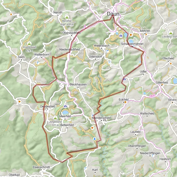 Map miniature of "Eifel Gravel Tour - Scenic Delights Near Daun" cycling inspiration in Trier, Germany. Generated by Tarmacs.app cycling route planner