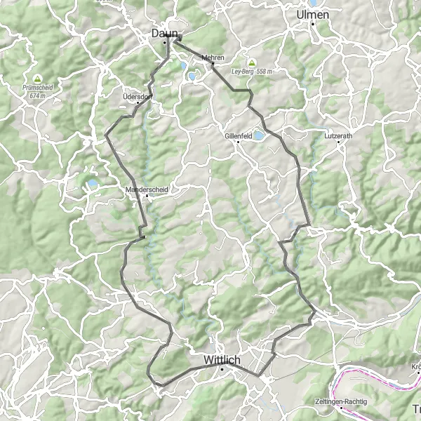 Map miniature of "Road Cycling Adventure near Daun" cycling inspiration in Trier, Germany. Generated by Tarmacs.app cycling route planner