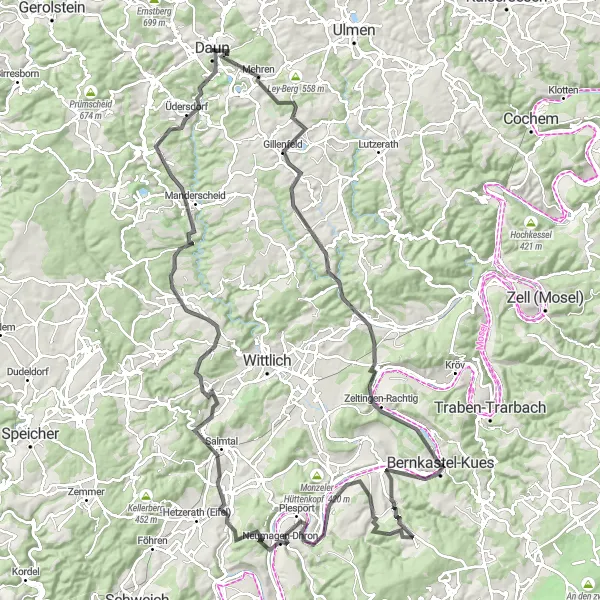 Map miniature of "The Volcanic Circuit: Exploring Veldenz and Wintrich" cycling inspiration in Trier, Germany. Generated by Tarmacs.app cycling route planner
