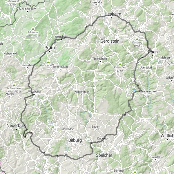 Map miniature of "The Hilly Loop" cycling inspiration in Trier, Germany. Generated by Tarmacs.app cycling route planner