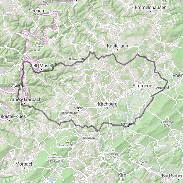 Map miniature of "Exploring Rhein-Hunsrück on Road" cycling inspiration in Trier, Germany. Generated by Tarmacs.app cycling route planner