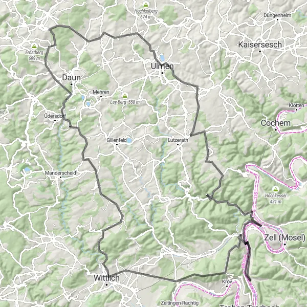 Map miniature of "Mosel River Road Cycling Adventure" cycling inspiration in Trier, Germany. Generated by Tarmacs.app cycling route planner