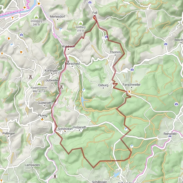 Karten-Miniaturansicht der Radinspiration "Burgkopf und Rösterkopf Gravel Tour" in Trier, Germany. Erstellt vom Tarmacs.app-Routenplaner für Radtouren