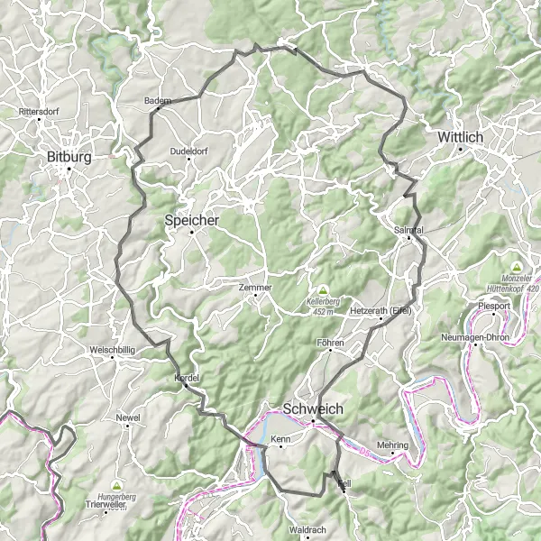 Karten-Miniaturansicht der Radinspiration "Goldberg und Hupperath Rundfahrt" in Trier, Germany. Erstellt vom Tarmacs.app-Routenplaner für Radtouren