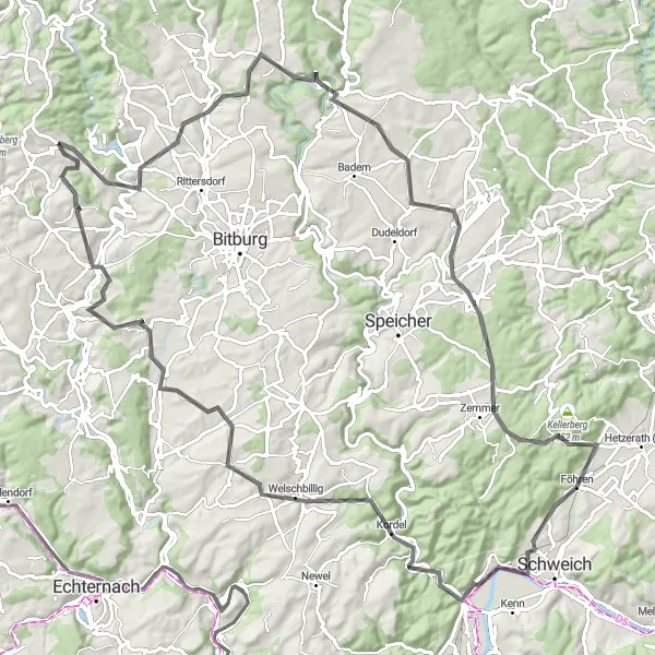 Map miniature of "Hills and Valleys" cycling inspiration in Trier, Germany. Generated by Tarmacs.app cycling route planner