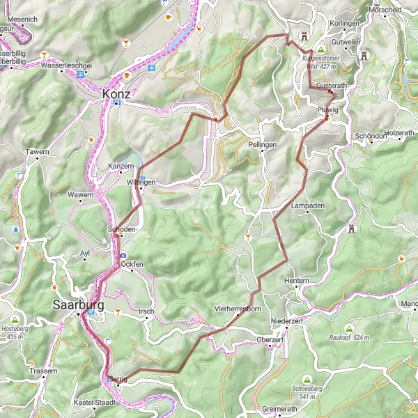 Karten-Miniaturansicht der Radinspiration "Abenteuerliche Schotter-Tour durch die Natur" in Trier, Germany. Erstellt vom Tarmacs.app-Routenplaner für Radtouren