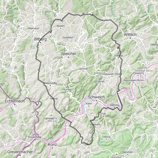 Map miniature of "Panoramic Road Cycling Tour" cycling inspiration in Trier, Germany. Generated by Tarmacs.app cycling route planner