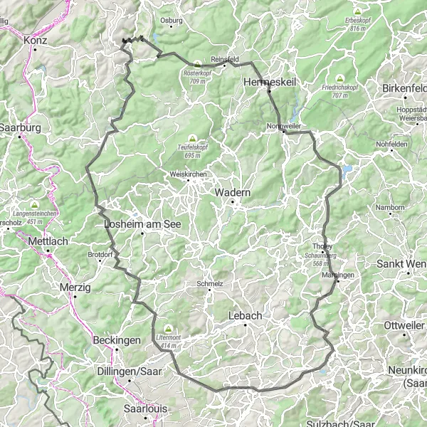 Karten-Miniaturansicht der Radinspiration "Epische Rundtour durch das Moseltal und Saarland" in Trier, Germany. Erstellt vom Tarmacs.app-Routenplaner für Radtouren