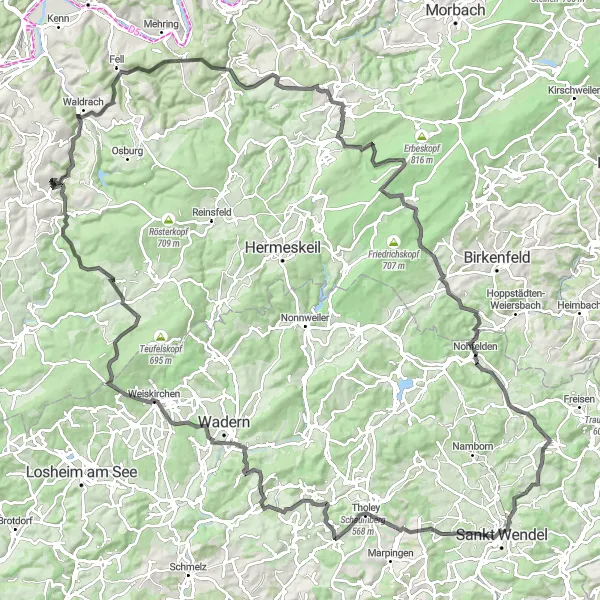 Map miniature of "Romika-Weg Road Challenge" cycling inspiration in Trier, Germany. Generated by Tarmacs.app cycling route planner