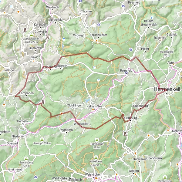 Karten-Miniaturansicht der Radinspiration "Gravel-Rundkurs um Hermeskeil" in Trier, Germany. Erstellt vom Tarmacs.app-Routenplaner für Radtouren