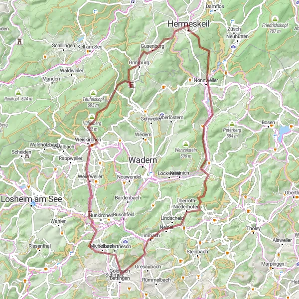 Karten-Miniaturansicht der Radinspiration "Nonnweiler - Überroth-Niederhofen - Gusenburg - Nonnweiler" in Trier, Germany. Erstellt vom Tarmacs.app-Routenplaner für Radtouren