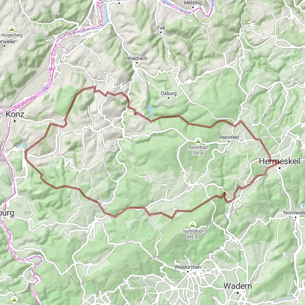 Karten-Miniaturansicht der Radinspiration "Hermeskeil - Baldringen - Höfchen - Hermeskeil" in Trier, Germany. Erstellt vom Tarmacs.app-Routenplaner für Radtouren