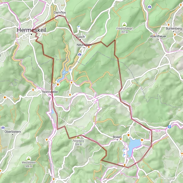 Map miniature of "Off-road Adventure: Hermeskeil to Nonnweiler Gravel Ride" cycling inspiration in Trier, Germany. Generated by Tarmacs.app cycling route planner