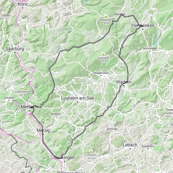 Map miniature of "Road Discoveries" cycling inspiration in Trier, Germany. Generated by Tarmacs.app cycling route planner