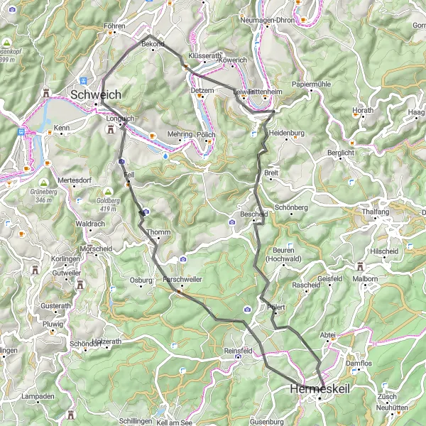 Karten-Miniaturansicht der Radinspiration "Hermeskeil - Vogtel - Longuich - Grillhütte THW Hermeiskeil" in Trier, Germany. Erstellt vom Tarmacs.app-Routenplaner für Radtouren