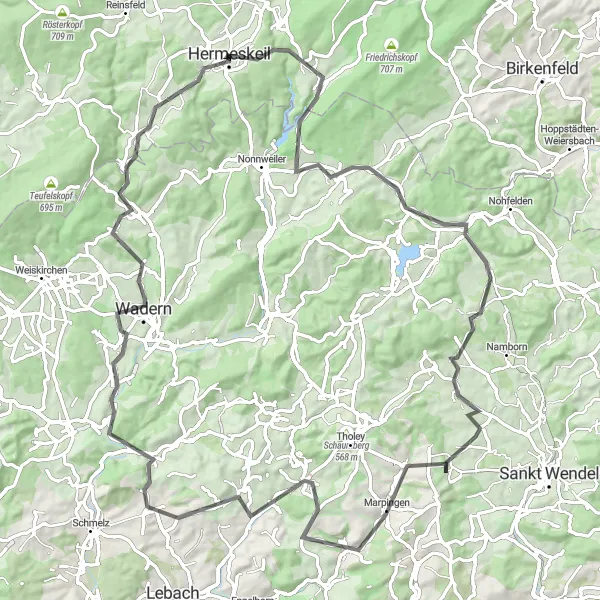 Karten-Miniaturansicht der Radinspiration "Hermeskeil - Neuhütten - Hermaskeil" in Trier, Germany. Erstellt vom Tarmacs.app-Routenplaner für Radtouren