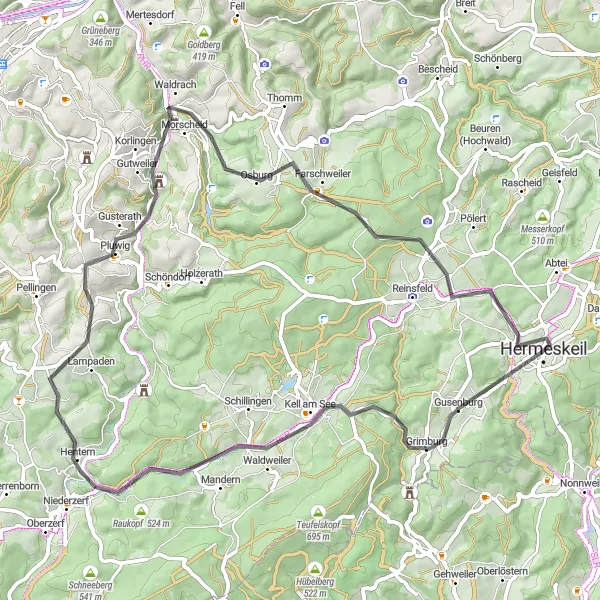 Karten-Miniaturansicht der Radinspiration "Hermeskeil - Grillhütte THW Hermeiskeil Rundtour" in Trier, Germany. Erstellt vom Tarmacs.app-Routenplaner für Radtouren