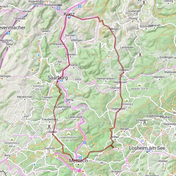 Map miniature of "Gravel Adventure" cycling inspiration in Trier, Germany. Generated by Tarmacs.app cycling route planner