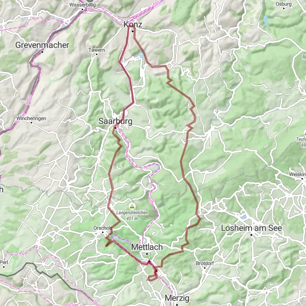 Map miniature of "Exploring Forests and Landscapes on Gravel Roads" cycling inspiration in Trier, Germany. Generated by Tarmacs.app cycling route planner