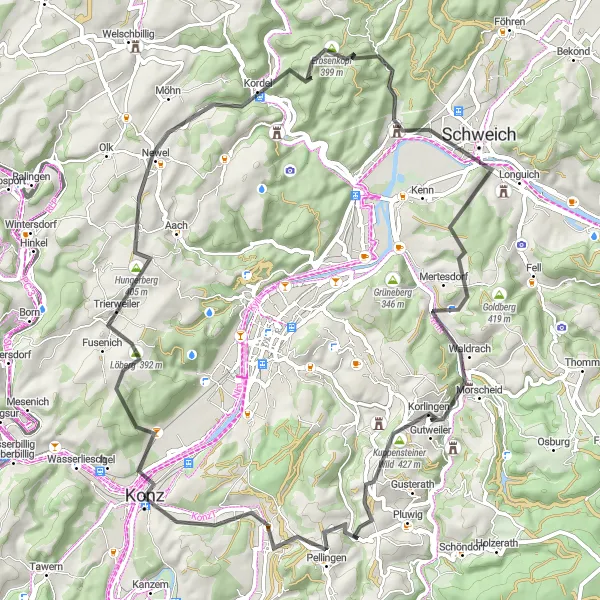 Map miniature of "Trierweiler and Konz Loop" cycling inspiration in Trier, Germany. Generated by Tarmacs.app cycling route planner