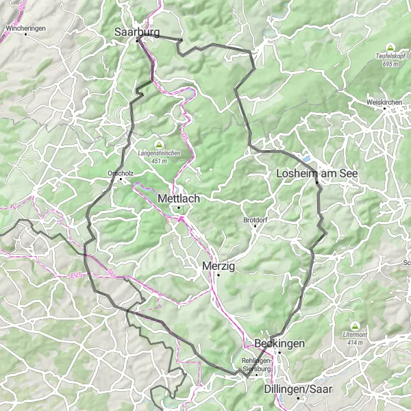 Map miniature of "Around the Valleys" cycling inspiration in Trier, Germany. Generated by Tarmacs.app cycling route planner