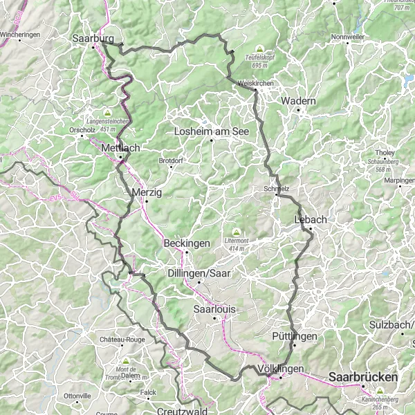 Map miniature of "The Great Trier Road Cycling Challenge" cycling inspiration in Trier, Germany. Generated by Tarmacs.app cycling route planner