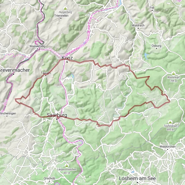 Karten-Miniaturansicht der Radinspiration "Seiferingstein und Onsdorf Rundweg" in Trier, Germany. Erstellt vom Tarmacs.app-Routenplaner für Radtouren