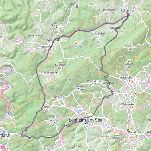 Karten-Miniaturansicht der Radinspiration "Entdeckungstour durch Kell am See und Umgebung" in Trier, Germany. Erstellt vom Tarmacs.app-Routenplaner für Radtouren