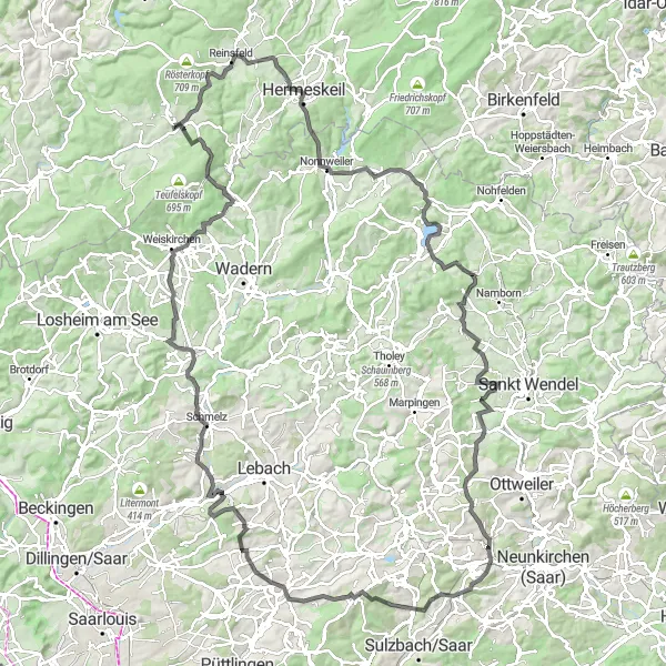 Map miniature of "Trier to Kell am See Loop via Nonnweiler" cycling inspiration in Trier, Germany. Generated by Tarmacs.app cycling route planner