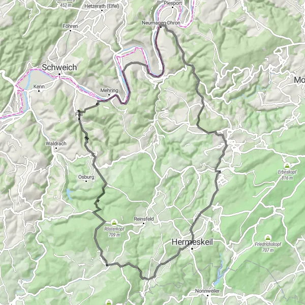 Karten-Miniaturansicht der Radinspiration "Rund um Kell - Thalfang Tour" in Trier, Germany. Erstellt vom Tarmacs.app-Routenplaner für Radtouren