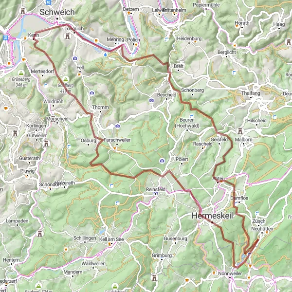 Map miniature of "The Moselle Gravel Adventure" cycling inspiration in Trier, Germany. Generated by Tarmacs.app cycling route planner