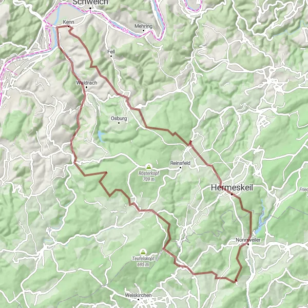 Map miniature of "Goldberg-Hermeskeil Loop" cycling inspiration in Trier, Germany. Generated by Tarmacs.app cycling route planner