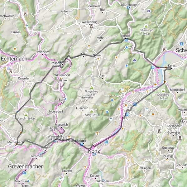 Map miniature of "Trier-Kornmandel-Grüneberg loop" cycling inspiration in Trier, Germany. Generated by Tarmacs.app cycling route planner