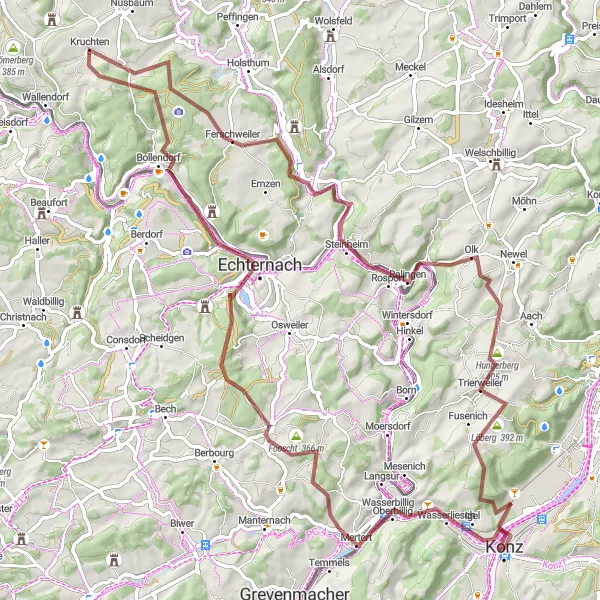 Map miniature of "Oberbillig to Granahöhe Gravel Adventure" cycling inspiration in Trier, Germany. Generated by Tarmacs.app cycling route planner