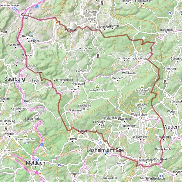 Karten-Miniaturansicht der Radinspiration "Tour um Konz durch malerische Landschaften" in Trier, Germany. Erstellt vom Tarmacs.app-Routenplaner für Radtouren