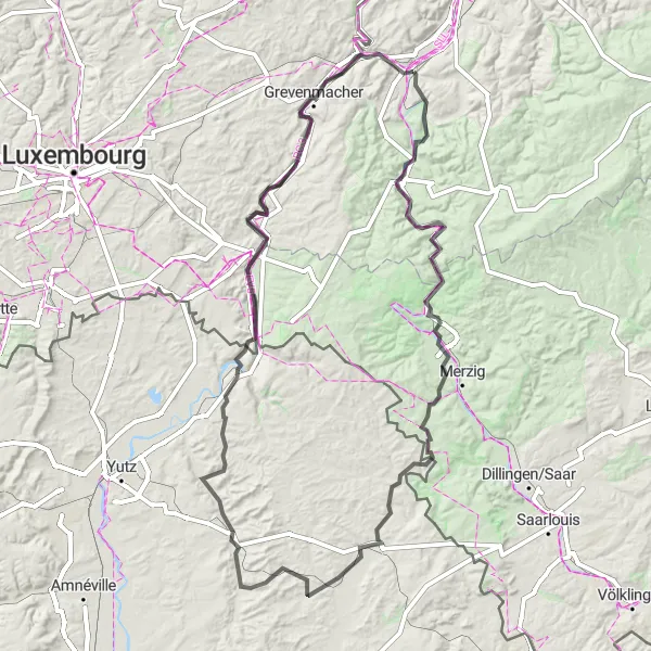 Karten-Miniaturansicht der Radinspiration "Lange Straßenradtour um Konz mit fantastischen Aussichten" in Trier, Germany. Erstellt vom Tarmacs.app-Routenplaner für Radtouren