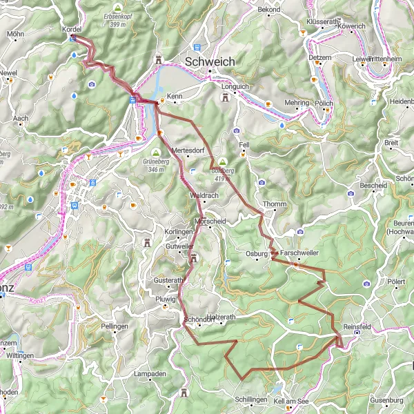 Map miniature of "Scenic Gravel Adventure via Goldberg" cycling inspiration in Trier, Germany. Generated by Tarmacs.app cycling route planner