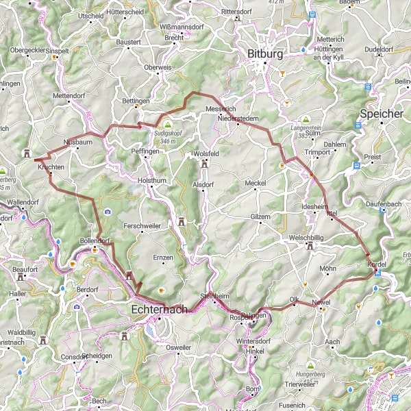 Karten-Miniaturansicht der Radinspiration "Grüne Hügel und malerische Dörfer Tour" in Trier, Germany. Erstellt vom Tarmacs.app-Routenplaner für Radtouren