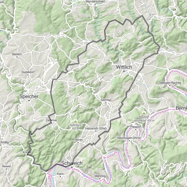Karten-Miniaturansicht der Radinspiration "Road-Tour durch die Weinberge und Wälder um Trier" in Trier, Germany. Erstellt vom Tarmacs.app-Routenplaner für Radtouren