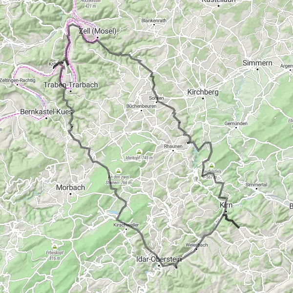 Map miniature of "Kröv to Idar-Oberstein Road Circuit" cycling inspiration in Trier, Germany. Generated by Tarmacs.app cycling route planner