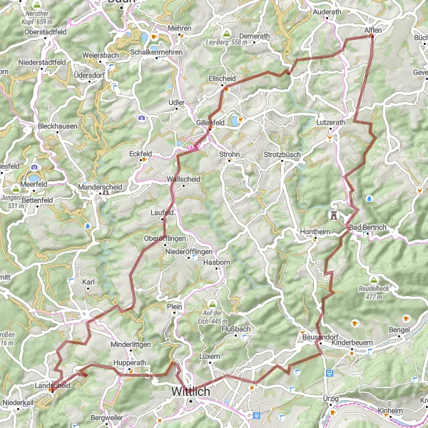 Map miniature of "Exploring the Rural Beauty: Landscheid Gravel Route" cycling inspiration in Trier, Germany. Generated by Tarmacs.app cycling route planner