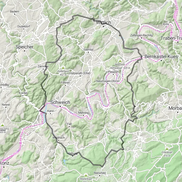 Karten-Miniaturansicht der Radinspiration "Höhenrausch im Hunsrück" in Trier, Germany. Erstellt vom Tarmacs.app-Routenplaner für Radtouren