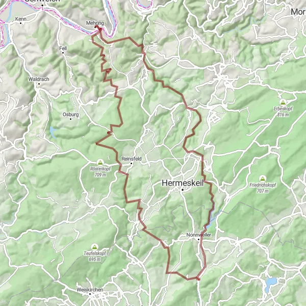 Map miniature of "The Moselle Valley Gravel Adventure" cycling inspiration in Trier, Germany. Generated by Tarmacs.app cycling route planner